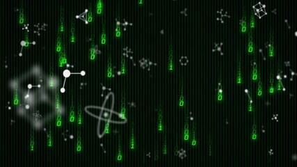 Poster - Animation of green binary code and molecular structures on dark background
