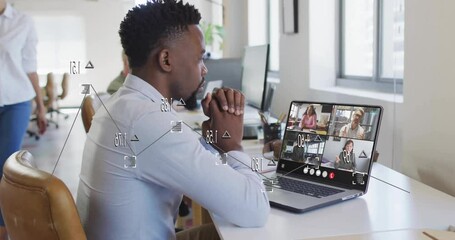 Poster - Man participating in virtual meeting with data processing animation overlay