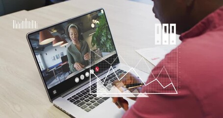 Poster - Video call on laptop with business analytics animation overlaying screen