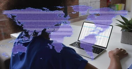 Poster - World map animation over person working on laptop with data spreadsheets