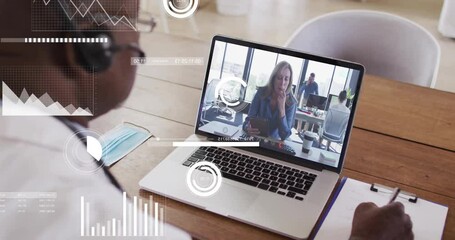 Poster - In office, business professional on video call with animation data analytics on laptop