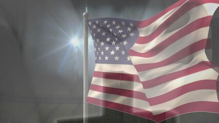 Poster - Waving American flag with bright light shining in background animation
