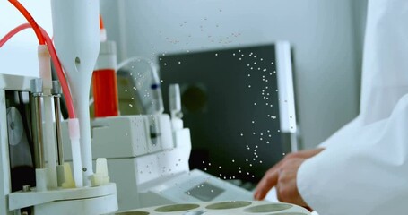 Poster - Working in laboratory, scientist analyzing data with animation overlaying scene