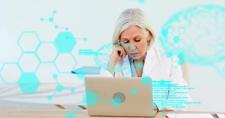 Poster - Scientific data processing animation over focused woman working on laptop
