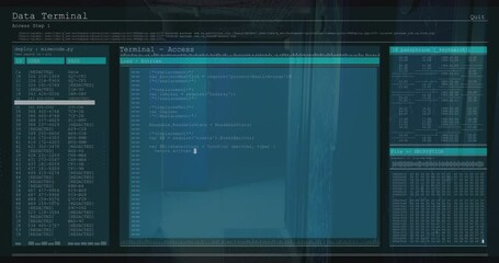 Poster - Animation showing code processing on digital terminal screen in school setting