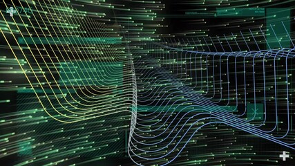 Poster - digital animation of dynamic waves and lines over green background