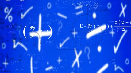 Poster - Animation of mathematical equations and scientific symbols on blue abstract background