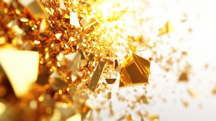 Poster - Abstract golden fragments scattering in a bright background, creating a dynamic and vibrant visual effect