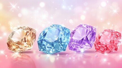 Poster - Colorful sparkling gemstones arranged in a row, showcasing their brilliance against a soft pastel background
