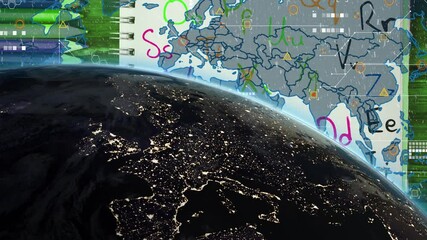 Poster - Colorful map with symbols overlaying illuminated cities on Earth at night
