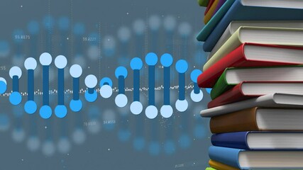 Poster - DNA strand and binary coding animation next to stack of colorful books