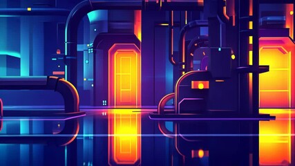 Poster - Vibrant abstract urban setting with colorful lights and intricate piping structures creating a futuristic atmosphere