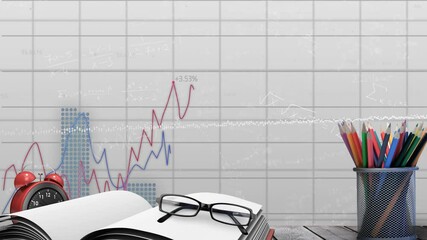 Poster - Open book and glasses on desk with financial graph animation in school background
