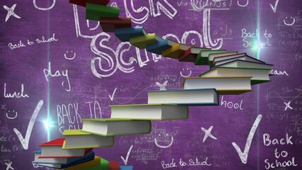 Poster - In school, animation of stacked books forming staircase over chalkboard with text