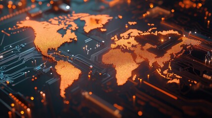 Poster - Abstract representation of a glowing world map on a circuit board background, symbolizing technology and connectivity