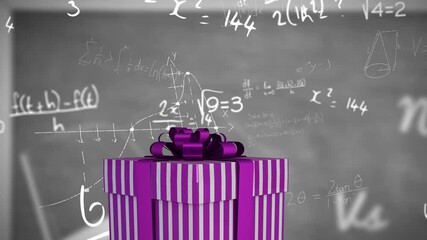 Poster - Floating mathematical equations over chalkboard, purple gift box in school animation