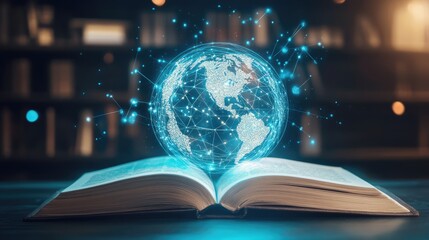 Poster - An open book with a glowing, interconnected globe above it, symbolizing knowledge and global connectivity in a library