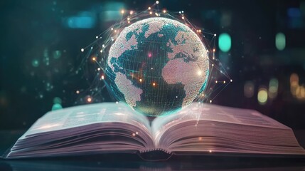 Poster - A glowing globe emerging from an open book, symbolizing knowledge and discovery in a futuristic setting
