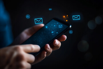 Businessman's hand using a smartphone and a mail message bubble icon on the screen, new messages with a copy space banner template for a contact us form, e-commerce concept, dark background color.