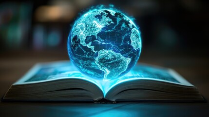 Poster - A glowing globe hovering above an open book, symbolizing knowledge and exploration in a dark, mystical environment