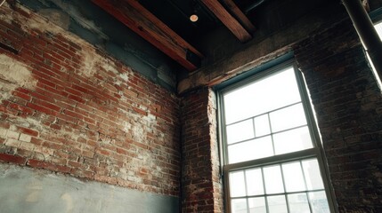 Aufkleber - Exposed brick wall and large windows in industrial loft interior.