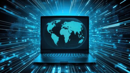 Poster - A glowing laptop displaying a world map, surrounded by dynamic blue light trails, symbolizing global connectivity