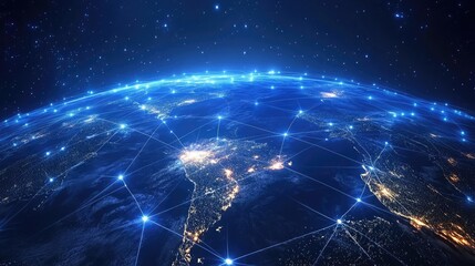 Poster - Aerial view of Earth illuminated at night, showcasing interconnected cities and digital networks glowing brightly