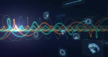 Poster - Animation of colorful waveforms and digital screens processing data on dark background