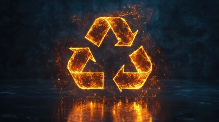Poster - Fiery recycling symbol glowing against a dark textured background, symbolizing sustainability and environmental awareness