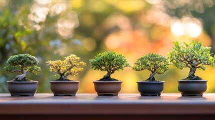 Aufkleber - Five miniature bonsai trees in different stages of growth, arranged on a wooden surface against a blurred autumnal background.