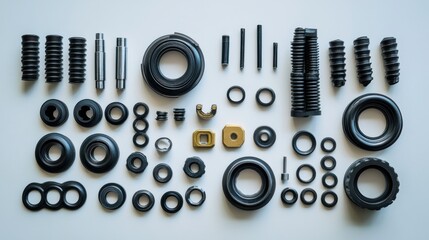 Poster - Flat lay of various black industrial parts and components on white background.