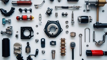 Aufkleber - Flat lay of various car parts and tools arranged on white background.