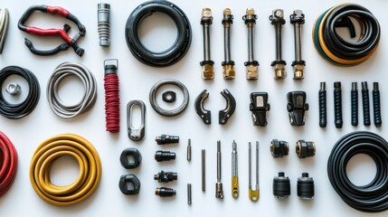 Poster - Flat lay of various industrial hardware components, including hoses, cables, connectors, and fasteners, arranged on a white background.