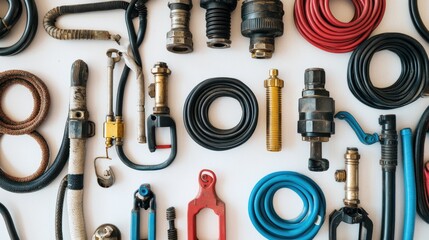 Poster - Flat lay of various industrial hoses, pipes, and connectors on white background.