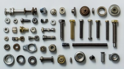 Aufkleber - Flat lay of various metal bolts, nuts, screws, and washers on white background.