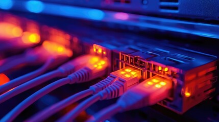 Poster - Close-up view of illuminated network cables connected to a server, showcasing vibrant colors in a data center