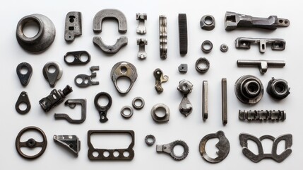 Poster - Flat lay of various metal parts, components, and pieces on white background.