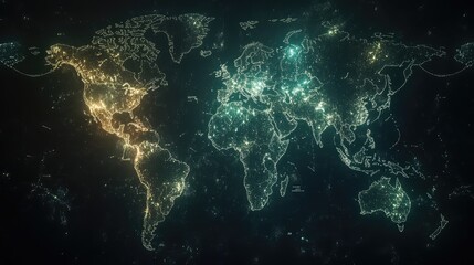 Poster - A stunning digital map of the world illuminated with vibrant lights representing different regions and cities