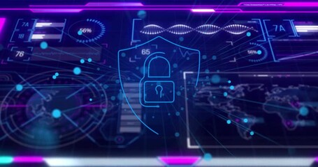 Poster - Digital lock and data processing animation over futuristic interface with graphs