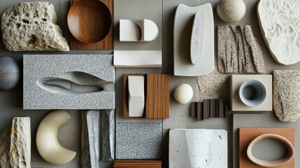 Poster - Flat lay of various textured materials, stones, wood, and ceramics arranged on a neutral background.