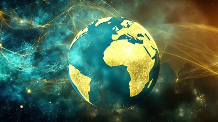 Poster - Vibrant Earth Globe with Golden Highlights Surrounded by Cosmic Energy and Stellar Background in a Spectacular Sci-Fi Style for Futuristic Concepts