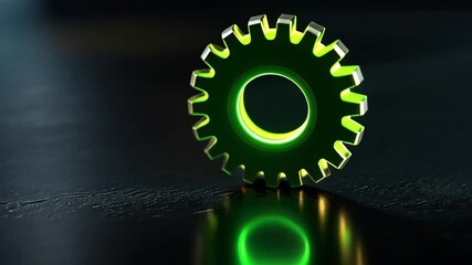 Poster - Bright Green Gear on a Dark Surface with Reflection, Emphasizing Industrial Design and Modern Technology Aesthetics for Digital Use and Marketing