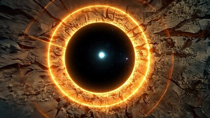 Poster - fiery portal in a cracked terrain with a bright light source at the center, abstract illustration of
