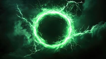 Poster - A vibrant green energy portal surrounded by dark stormy clouds, creating a mystical atmosphere in the sky