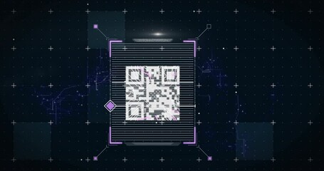 Poster - QR code scanning animation with digital interface on grid background