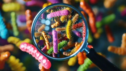 Poster - Close-Up of Colorful Microorganisms Observed Under Magnifying Glass in Scientific Laboratory Setting with Intricate Details of Bacterial Structures