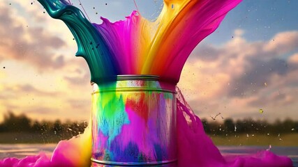 Poster - Vibrant Splashes of Paint Erupting from Open Can Against a Stunning Sunset Background with Colorful Sky and Soft Clouds