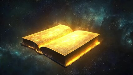 Poster - Mystical Open Book with Glowing Pages in Vast Cosmic Space Surrounded by Stars and Nebulae Emitting a Magical Light and Energy
