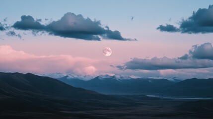Poster - Full moon rising over snow-capped mountains at dusk.