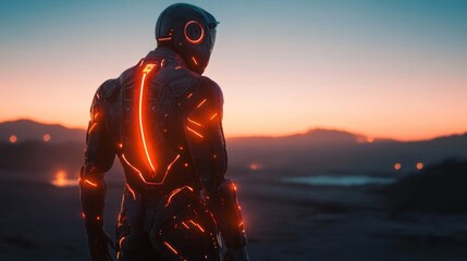 Poster - Futuristic astronaut in dark suit with glowing orange lines on back, gazing at sunset over a desert landscape.